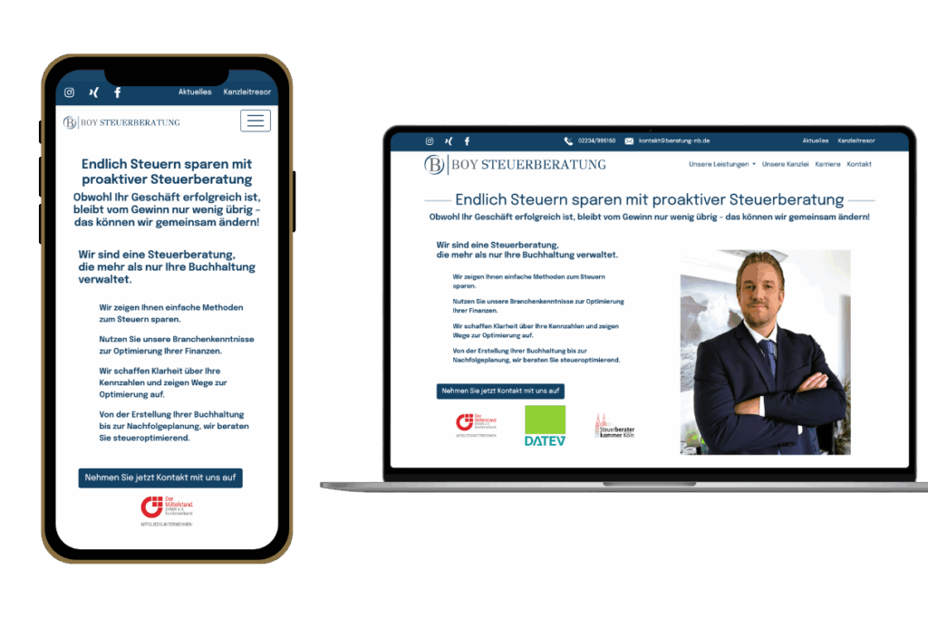 A cell phone and a laptop displaying a tax advice website with a text about saving taxes.