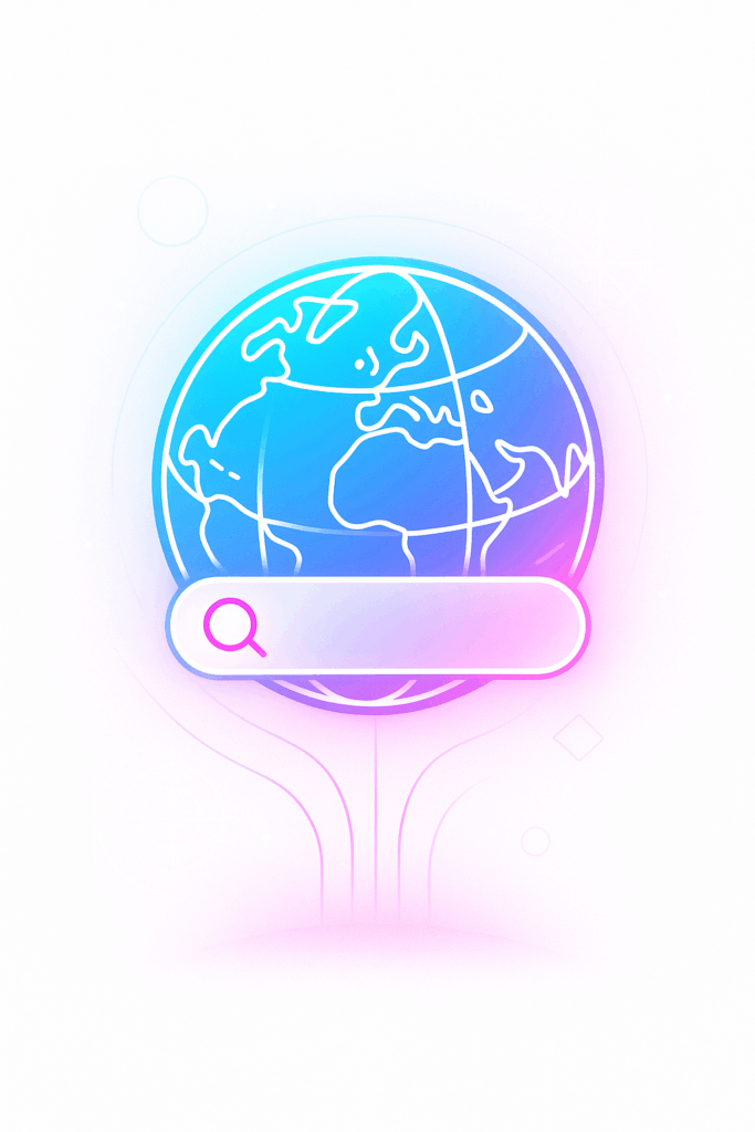 Globus mit Suchleiste und Lupe. Symbol für globale Suche und weltweite Online-Sichtbarkeit.