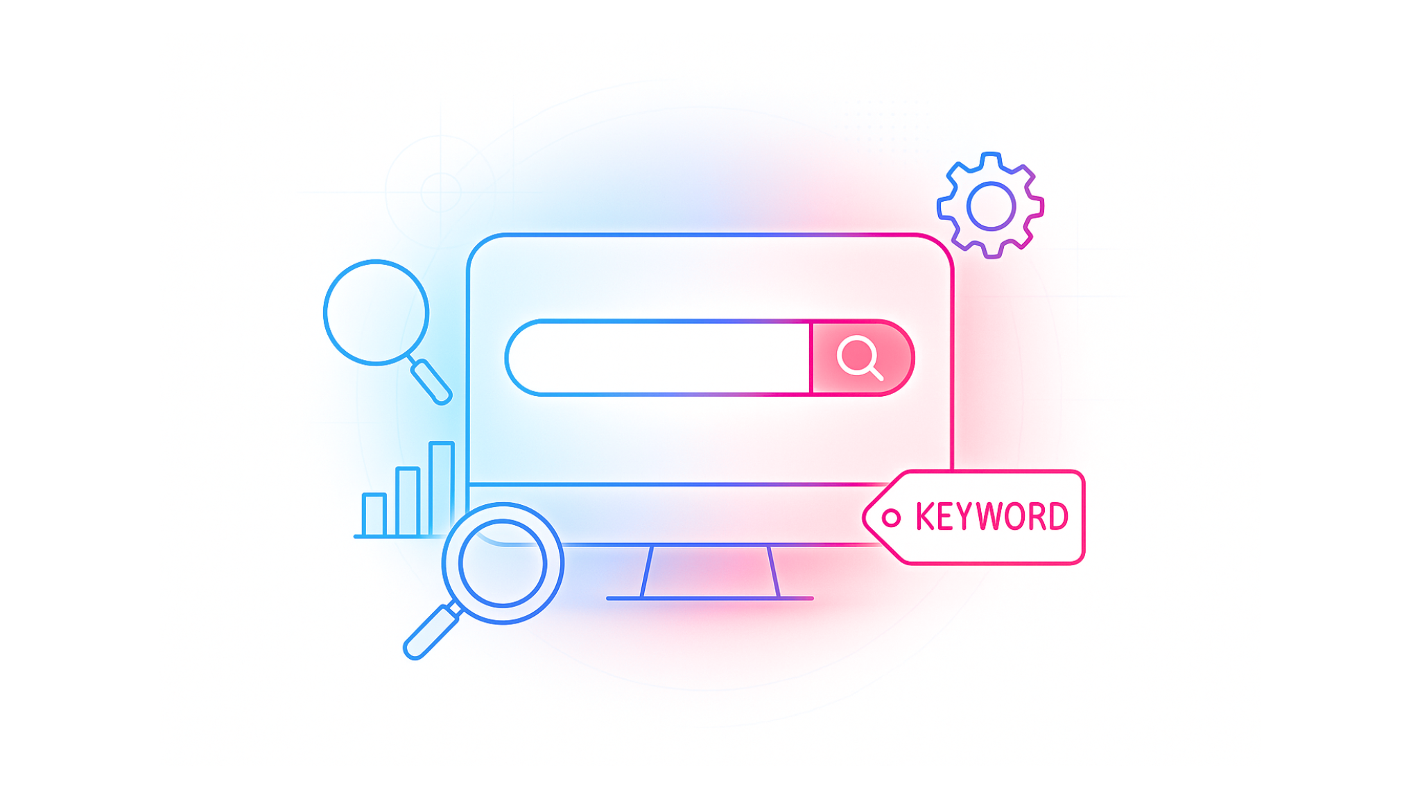 Computerbildschirm mit Keywords und Suchleiste. Symbol für SEO, Keyword-Recherche und Online-Sichtbarkeit