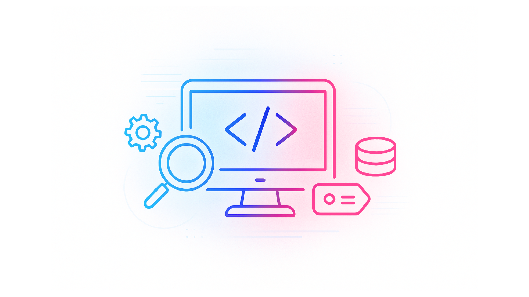 PC-Bildschirm mit Lupe und Coding-Symbol. Symbol für Webentwicklung, Programmierung und technische Analyse