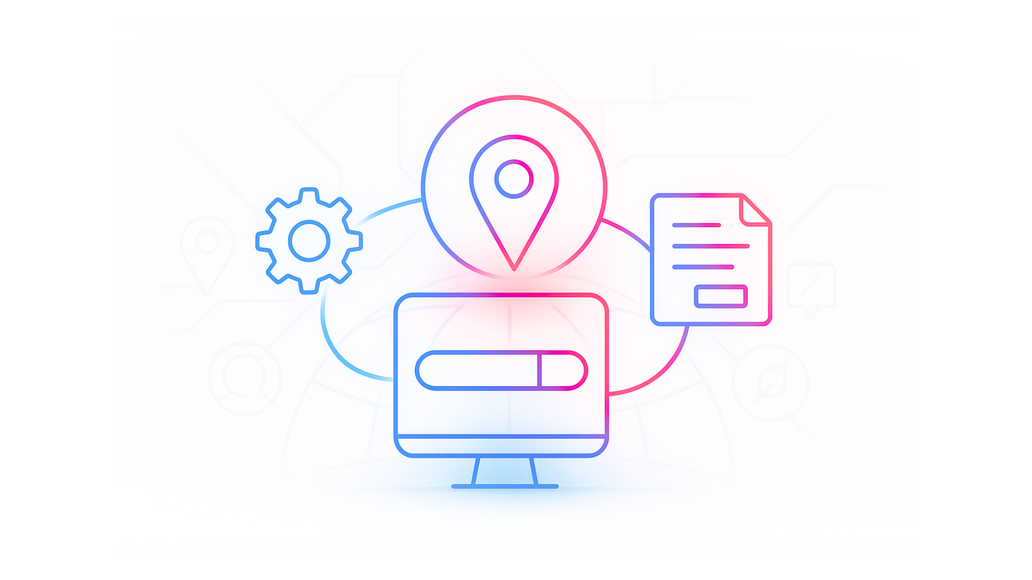 Standortpin, PC und Zahnrad symbolisieren die Umsetzung und Finalisierung eines Webdesignkonzepts